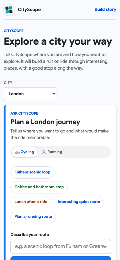 CityScope mobile route planner with a compact route request and map