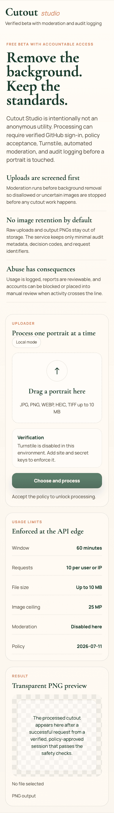 Cutout Studio mobile interface showing the verified beta flow, uploader, usage limits, and transparent PNG result area