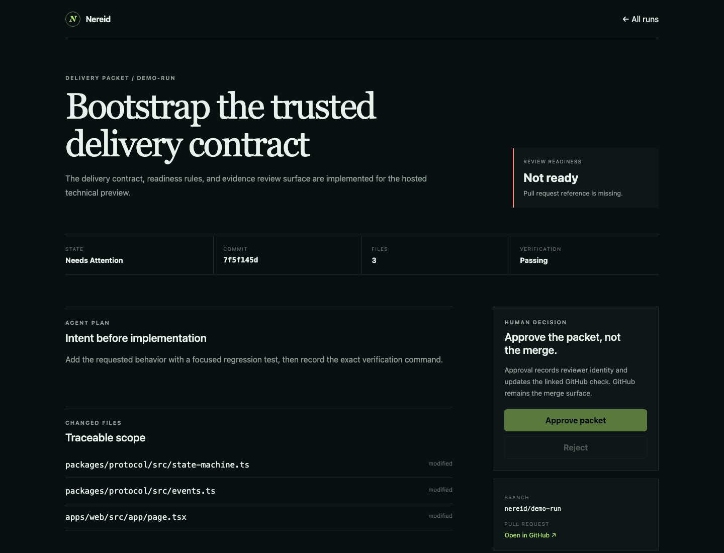 Nereid evidence packet showing passing verification and a not-ready status caused by a missing pull request reference